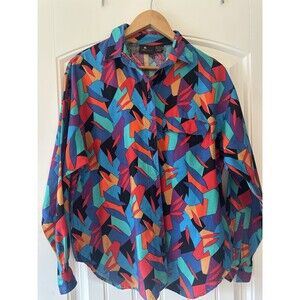 Vintage Liz Sport Shirt Women’s M Abstract Geometric 90s Colorful Button Front